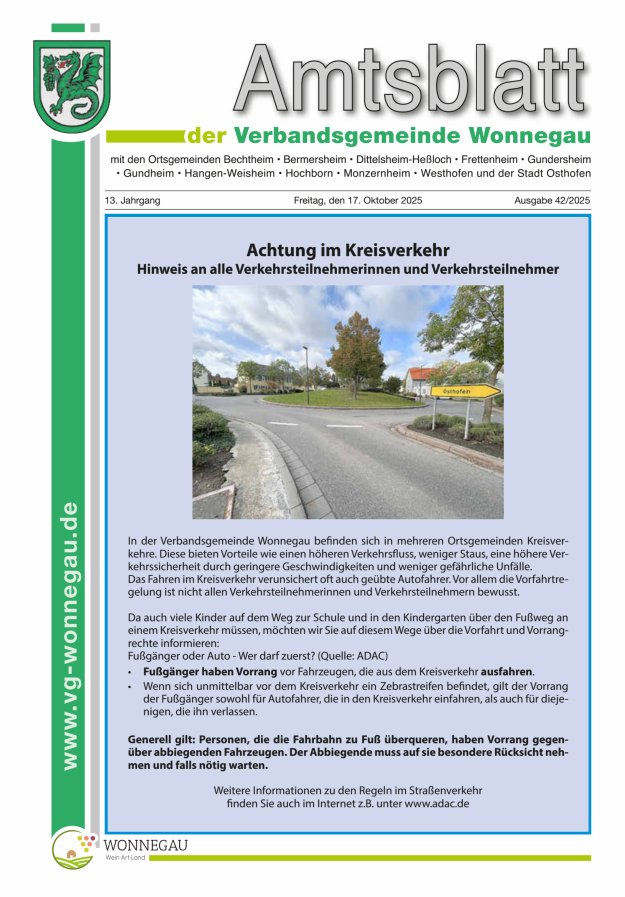 Amtsblatt VG Wonnegau Titelblatt 42/2025