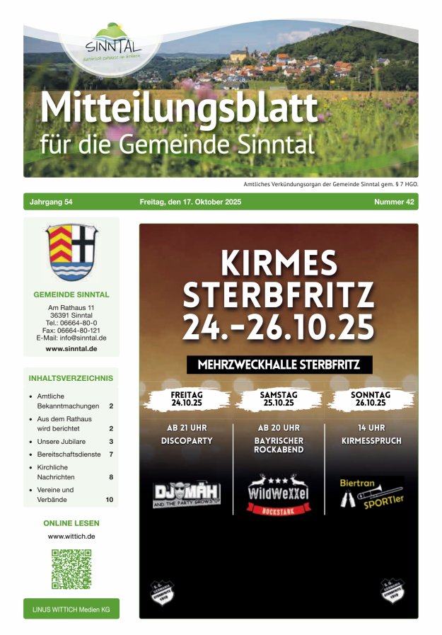 Mitteilungsblatt für die Gemeinde Sinntal Titelblatt 42/2025