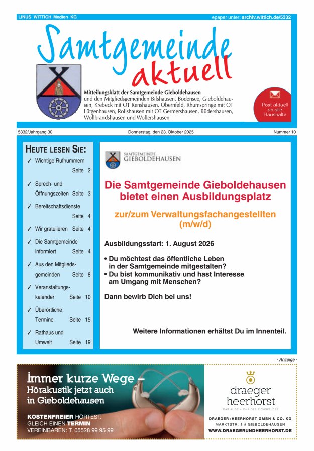 Samtgemeinde aktuell Gieboldehausen Titelblatt 10/2025