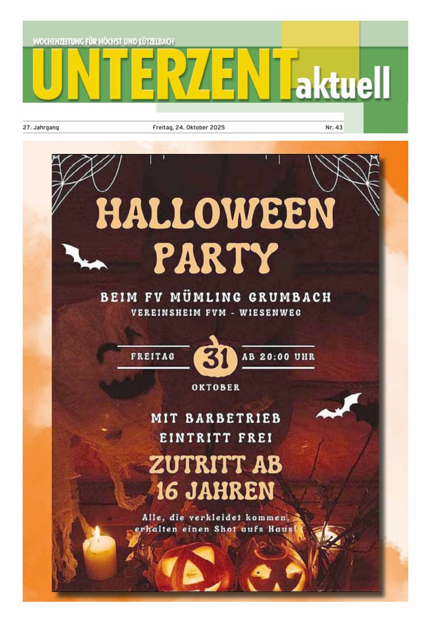 Unterzent aktuell Wochenzeitung für Höchst und Lützelbach Titelblatt 43/2025
