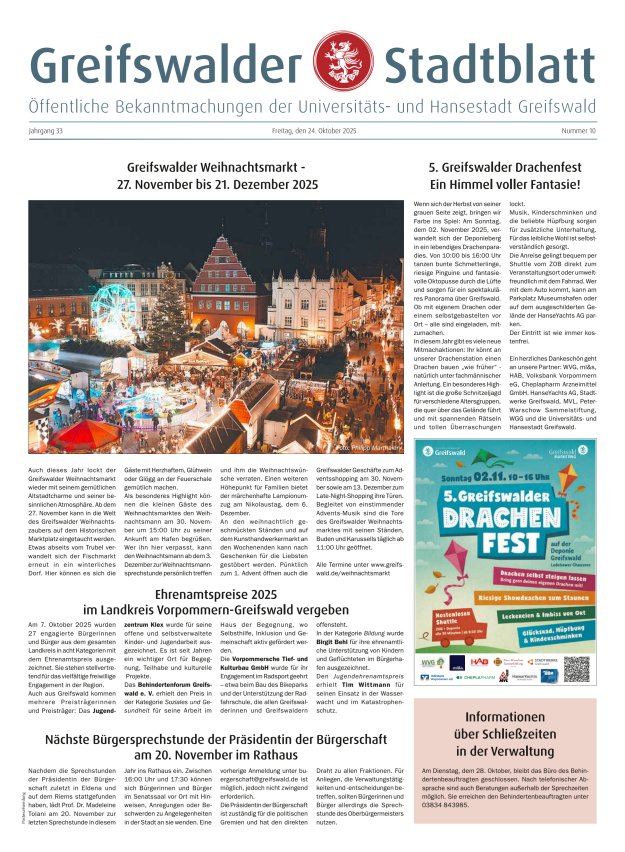 Greifswalder Stadtblatt Titelblatt 10/2025