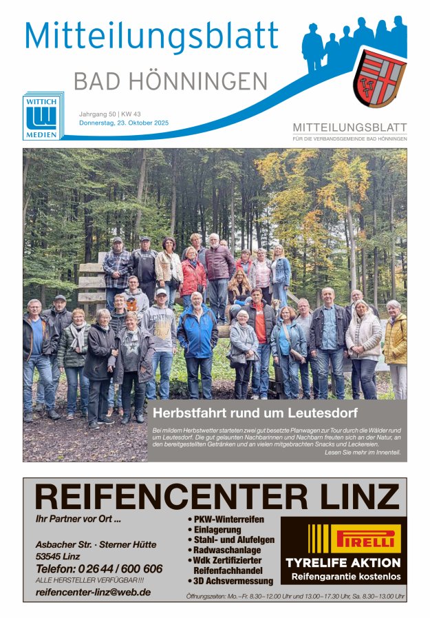 Mitteilungsblatt für den Bereich der Verbandsgemeinde Bad Hönningen Titelblatt 43/2025