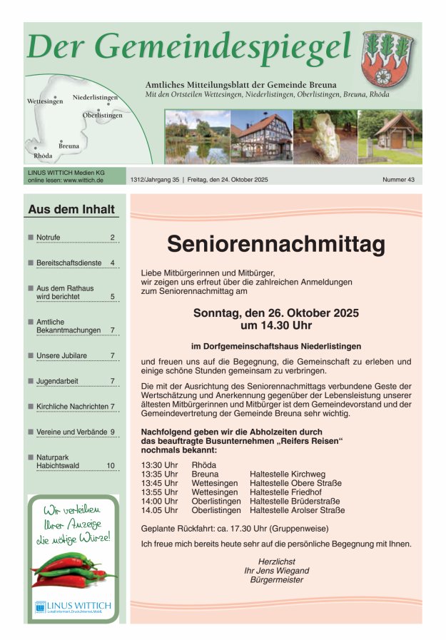 Der Gemeindespiegel (Breuna) Titelblatt 43/2025