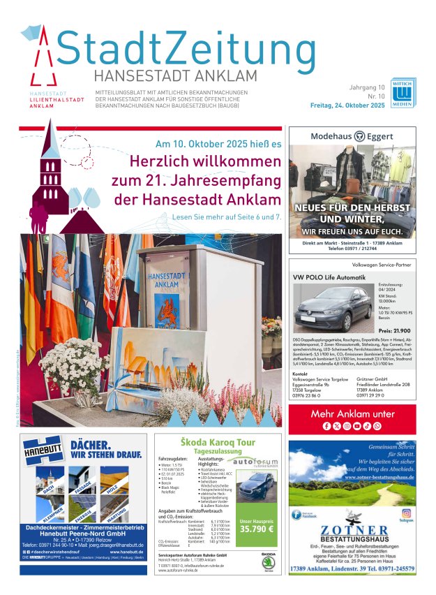 Anklam StadtZeitung Titelblatt 10/2025