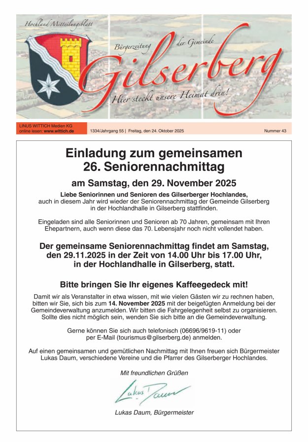 Hochland Mitteilungsblatt Gilserberg Titelblatt 43/2025