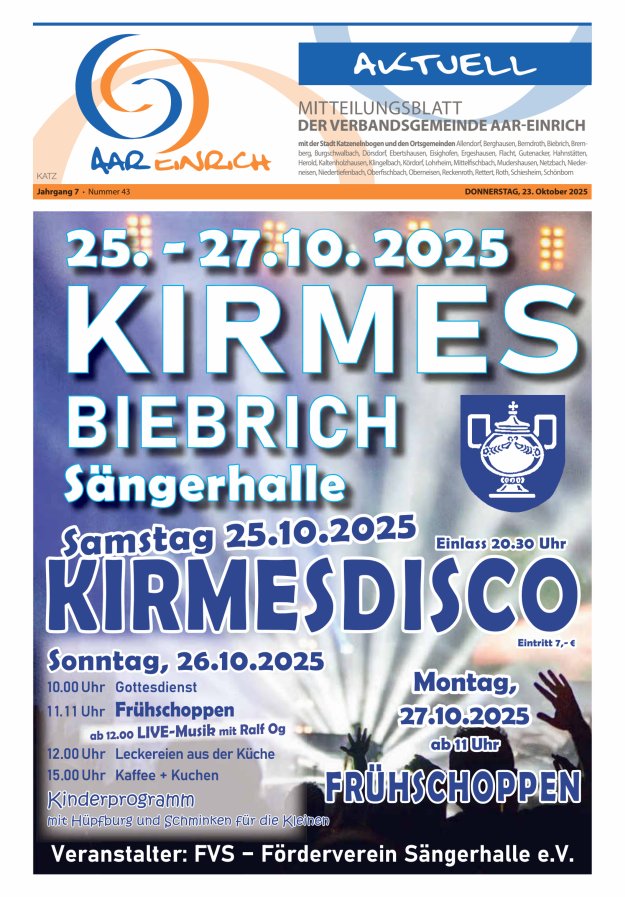 Mitteilungsblatt der Verbandsgemeinde Aar-Einrich Ausgabe Katzenelnbogen Titelblatt 43/2025