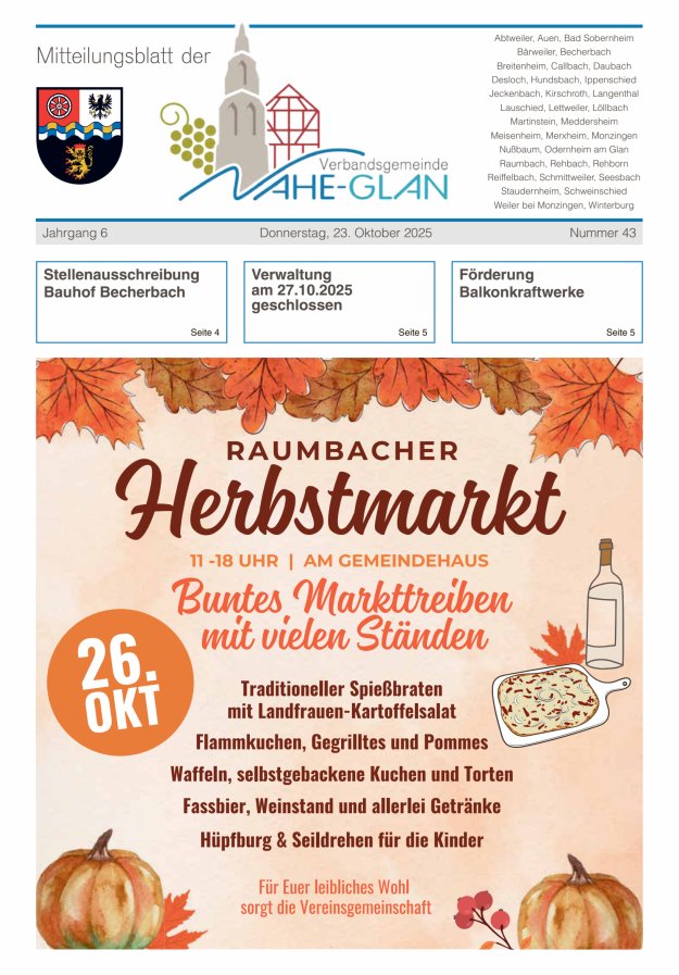 Mitteilungsblatt für die Verbandsgemeinde Nahe-Glan Titelblatt 43/2025