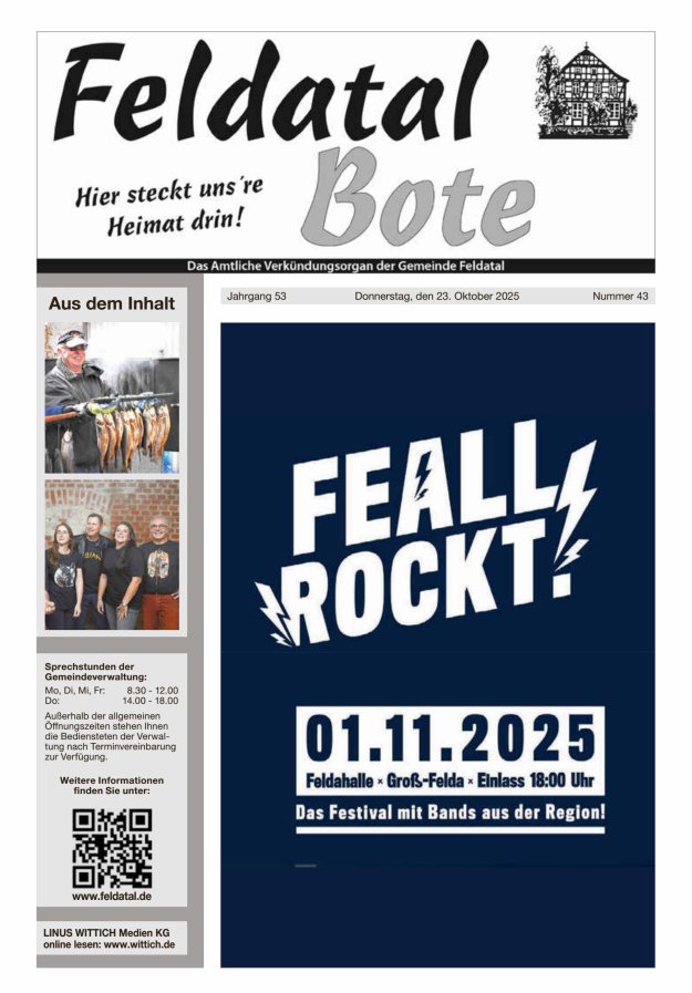 Das Amtliche Verkündungsorgan der Gemeinde Feldatal Titelblatt 43/2025