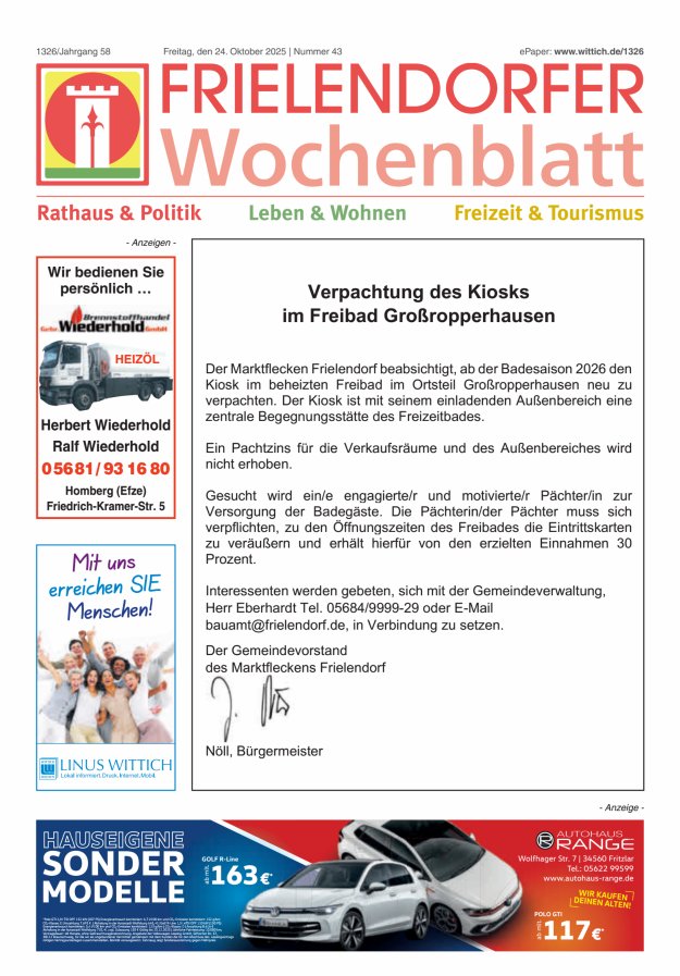 Frielendorfer Wochenblatt Titelblatt 43/2025