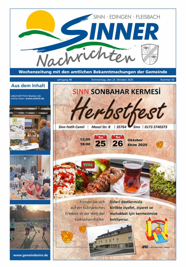 Sinner Nachrichten Titelblatt 43/2025