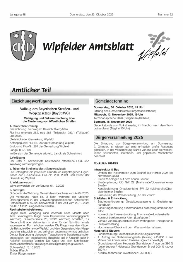 Wipfelder Amtsblatt Titelblatt 22/2025
