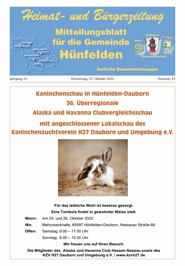 Mitteilungsblatt für die Gemeinde Hünfelden Titelblatt 43/2025
