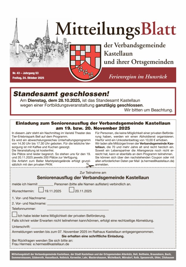 Mitteilungsblatt Kastellaun Titelblatt 43/2025
