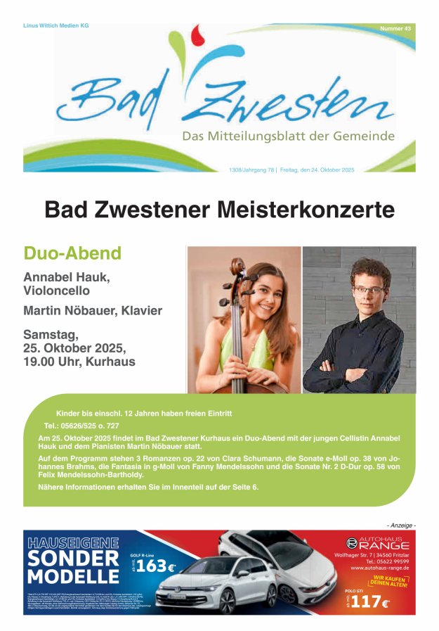Heimatzeitung Bad Zwesten Titelblatt 43/2025