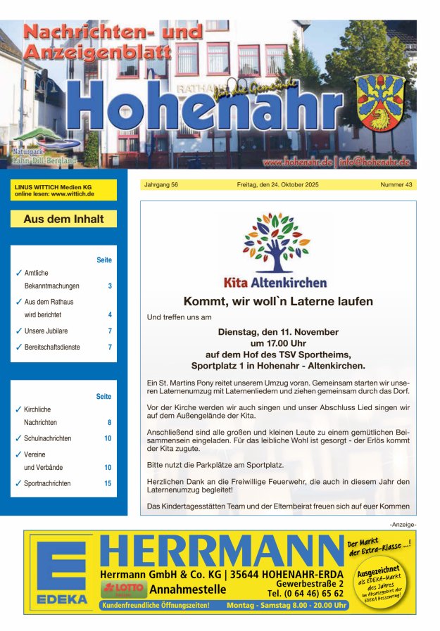 Nachrichten- und Anzeigenblatt für die Gemeinde Hohenahr Titelblatt 43/2025