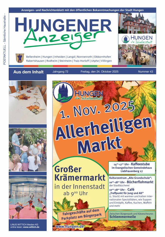 Anzeigen- und Nachrichtenblatt mit den öff  Bekanntmachungen der Stadt Hungen Titelblatt 43/2025