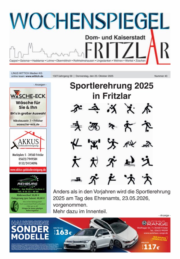 Wochenspiegel Dom- und Kaiserstadt Fritzlar Titelblatt 43/2025