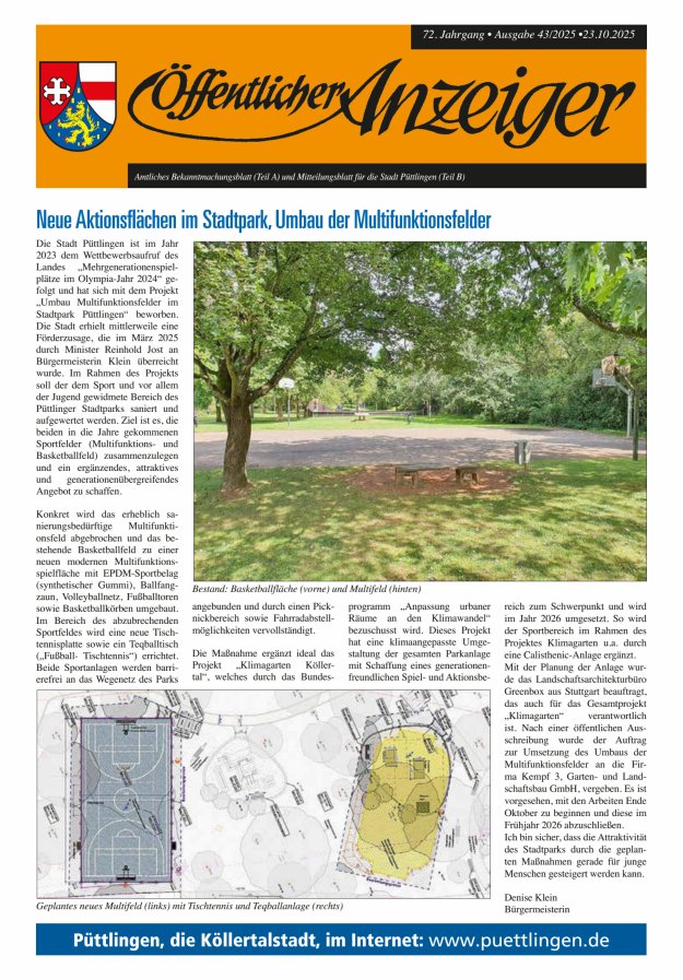 Öffentlicher Anzeiger - Stadt Püttlingen Titelblatt 43/2025