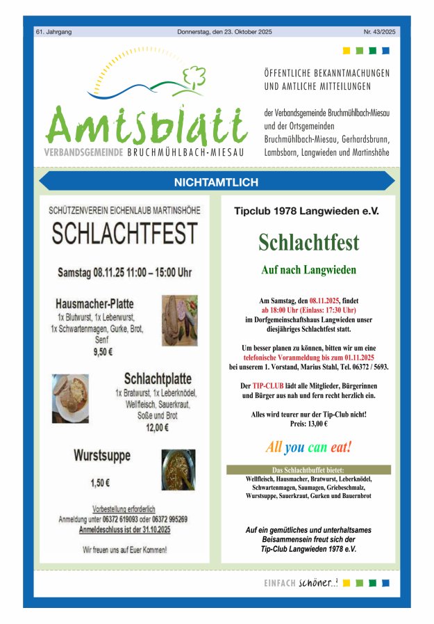 Amtsblatt der VG Bruchmühlbach-Miesau Titelblatt 43/2025