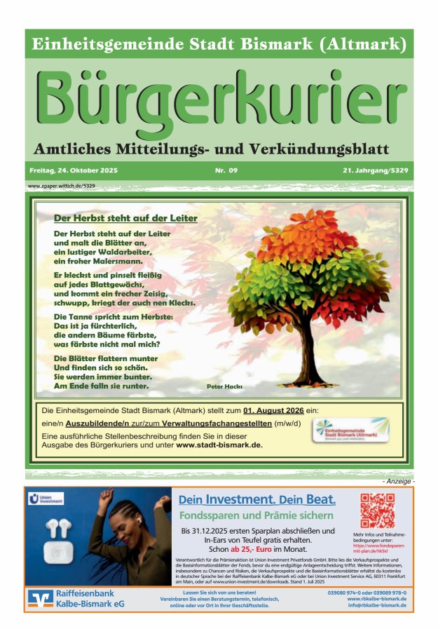 Bürgerkurier der Einheitsgemeinde Stadt Bismark (Altmark) Titelblatt 09/2025