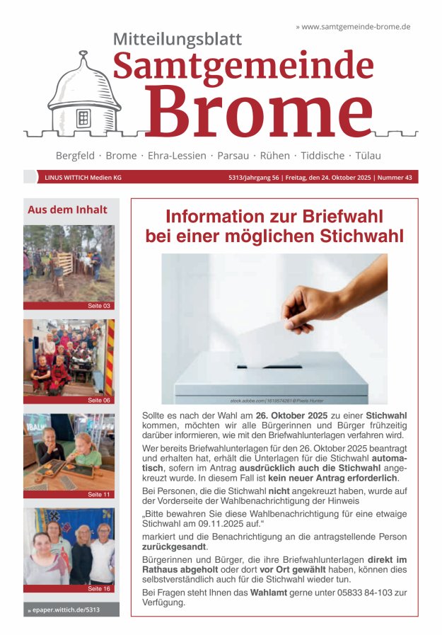 Mitteilungsblatt der Samtgemeinde Brome Titelblatt 43/2025