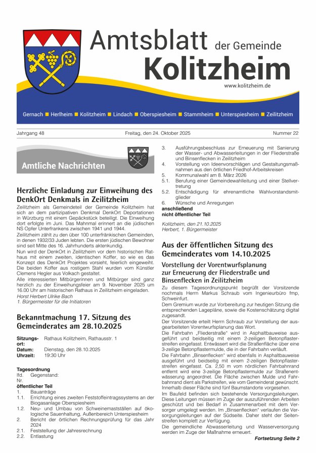 Amtsblatt der Gemeinde Kolitzheim Titelblatt 22/2025