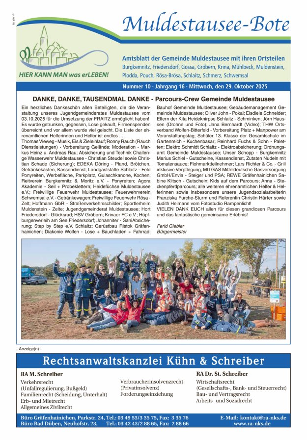 Muldestausee-Bote – Amtsblatt der Gemeinde Muldestausee mit ihren Ortsteilen Titelblatt 10/2025