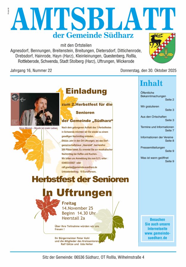 Amtsblatt der Gemeinde Südharz Titelblatt 22/2025