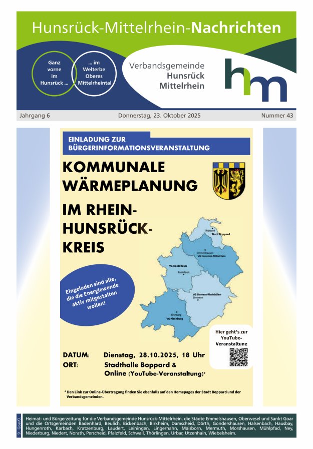 Hunsrück-Mittelrhein Nachrichten Ausgabe St Goar Oberwesel Titelblatt 43/2025