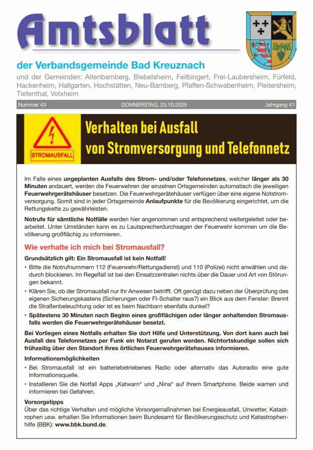 Amtsblatt der Verbandsgemeinde Bad Kreuznach Titelblatt 43/2025