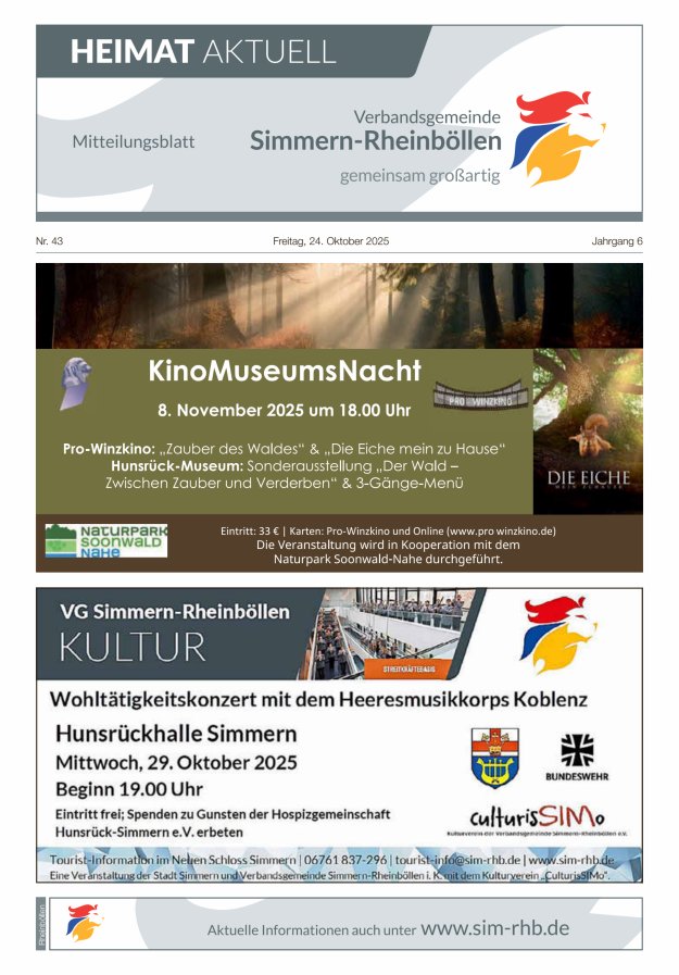 Heimat Aktuell Mitteilungsblatt der VG Simmern-Rheinböllen-Ausg Rheinböllen Titelblatt 43/2025