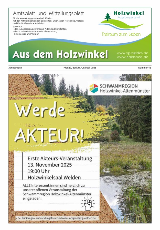 Aus dem Holzwinkel Amtsblatt u Mitteilungsblatt f VG Welden u GemAdelsried Titelblatt 43/2025