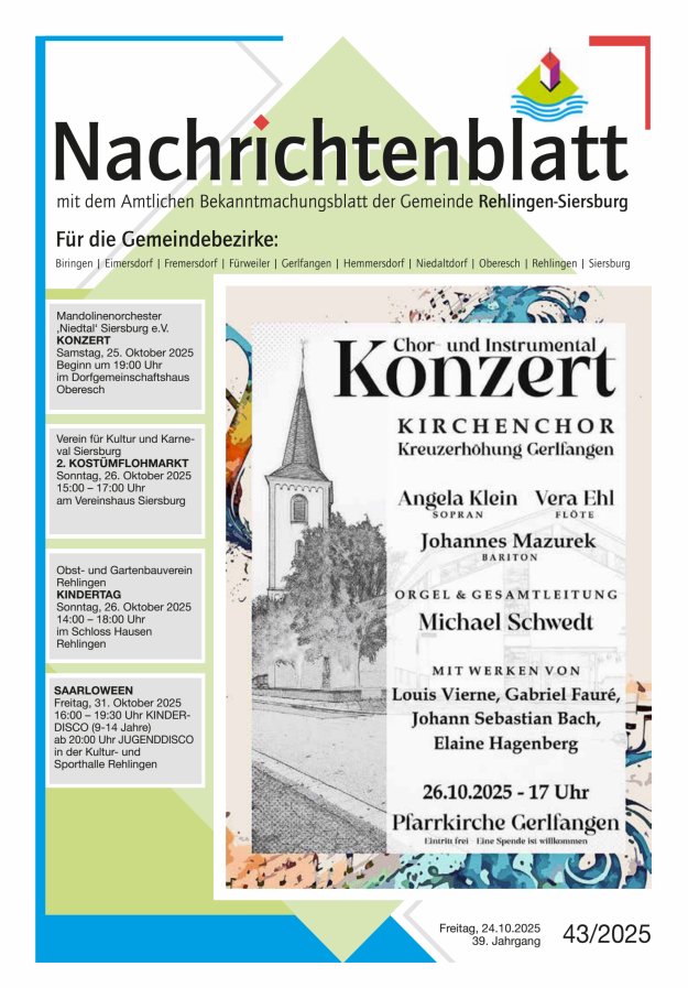 Nachrichtenblatt Rehlingen-Siersburg Titelblatt 43/2025