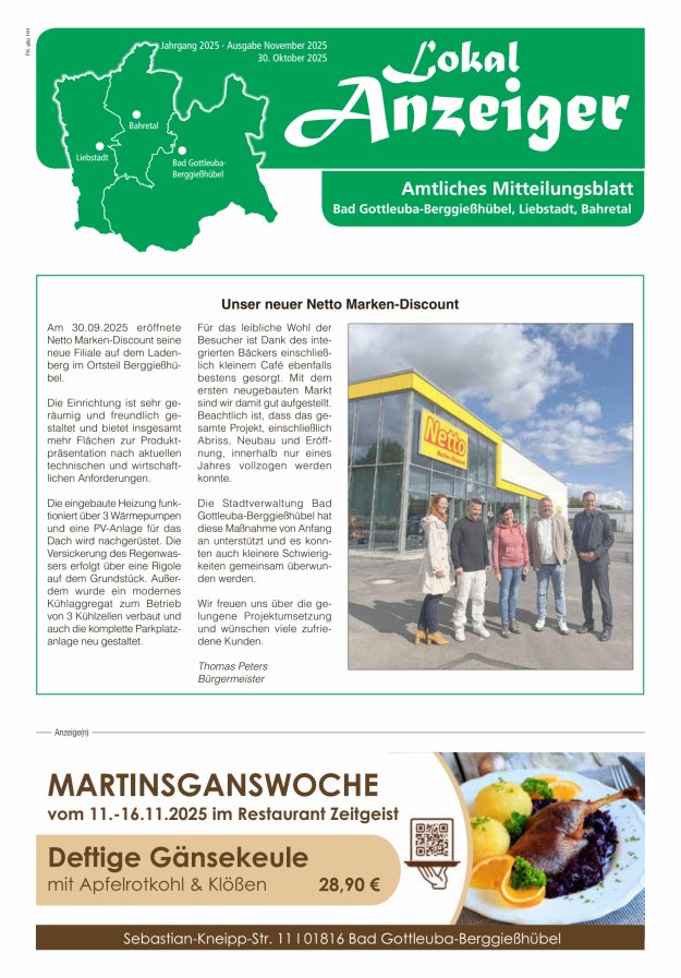 Lokal-Anzeiger - Amtliches Mitteilungsblatt Bad Gottleuba-Berggießhübel, Liebstadt, Bahretal Titelblatt 10/2025