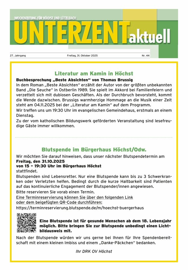Unterzent aktuell Wochenzeitung für Höchst und Lützelbach Titelblatt 44/2025