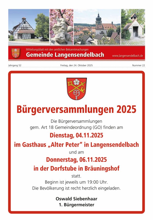 Mitteilungsblatt - Gemeinde Langensendelbach Titelblatt 22/2025