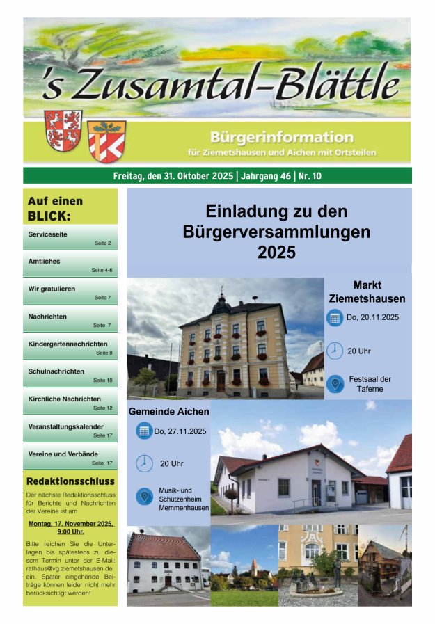 's Zusamtal-Blättle Bürgerinformationen für Ziemetshausen und Aichen mit OTen Titelblatt 10/2025