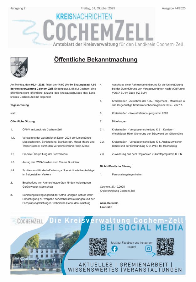Kreisnachrichten Cochem-Zell Titelblatt 44/2025