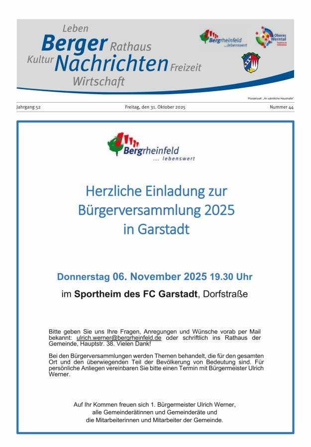 Berger Nachrichten, Bergrheinfeld Titelblatt 44/2025