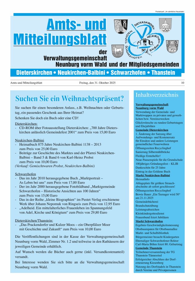 Amts- u Mitteilungsblatt der VG Neunburg vorm Wald u d Mitgliedsgemeinden Titelblatt 10/2025