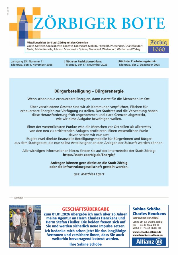 Zörbiger Bote – Mitteilungsblatt der Stadt Zörbig mit den Ortsteilen Titelblatt 11/2025