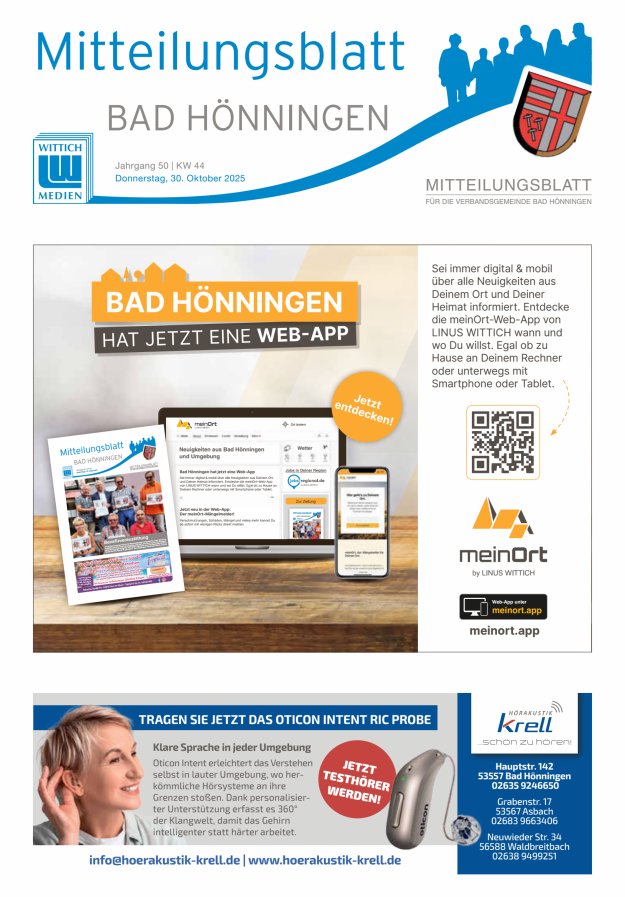 Mitteilungsblatt für den Bereich der Verbandsgemeinde Bad Hönningen Titelblatt 44/2025