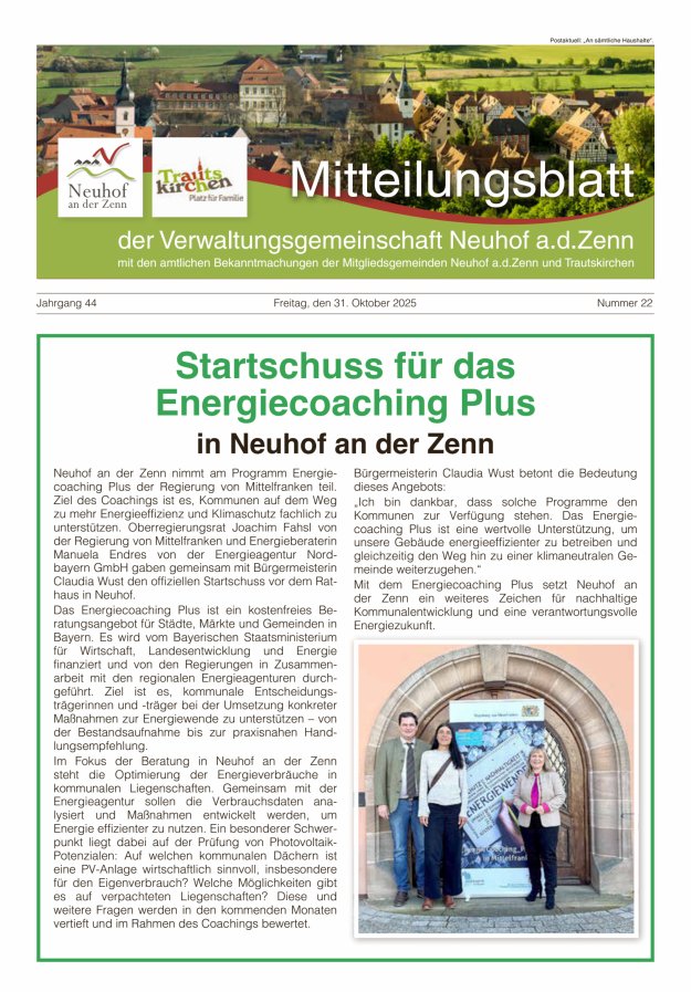 Mitteilungsblatt der Verwaltungsgemeinschaft Neuhof an der Zenn mit den amtlichen Bekanntmachungen der Mitgliedsgemeinden Neuhof an der Zenn und Trautskirchen Titelblatt 22/2025