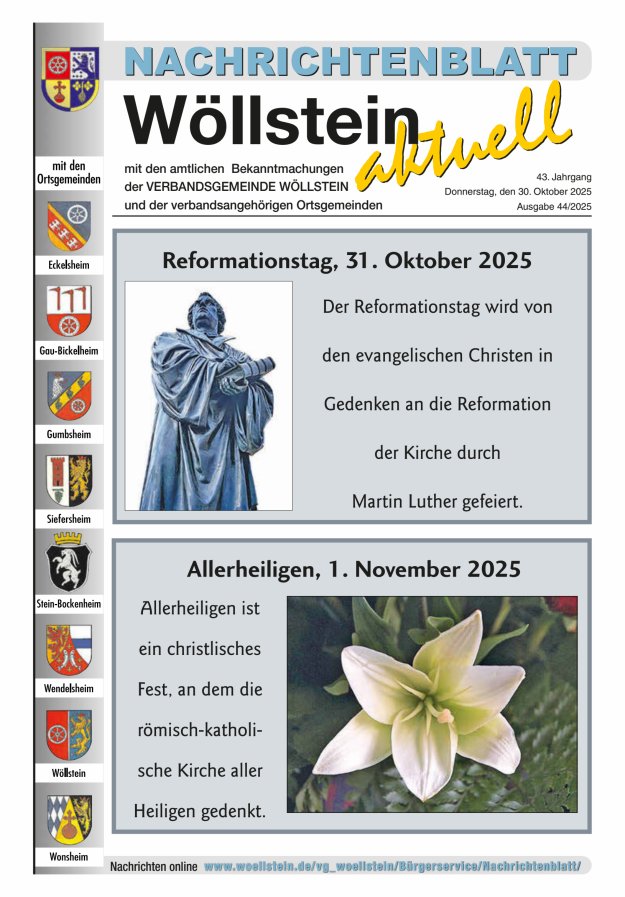 Nachrichtenblatt Wöllstein aktuell Titelblatt 44/2025