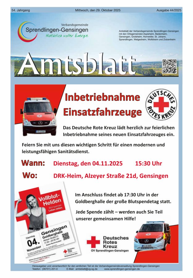 Amtsblatt VG Sprendlingen-Gensingen Titelblatt 44/2025