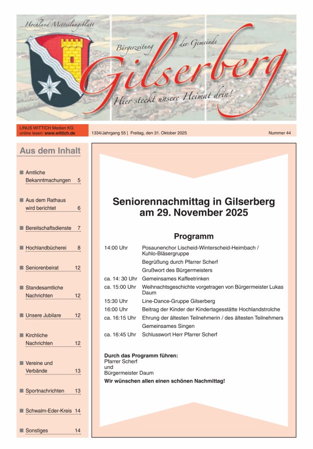 Hochland Mitteilungsblatt Gilserberg Titelblatt 44/2025