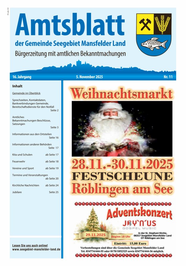 Amtsblatt der Gemeinde Seegebiet Mansfelder Land Titelblatt 11/2025