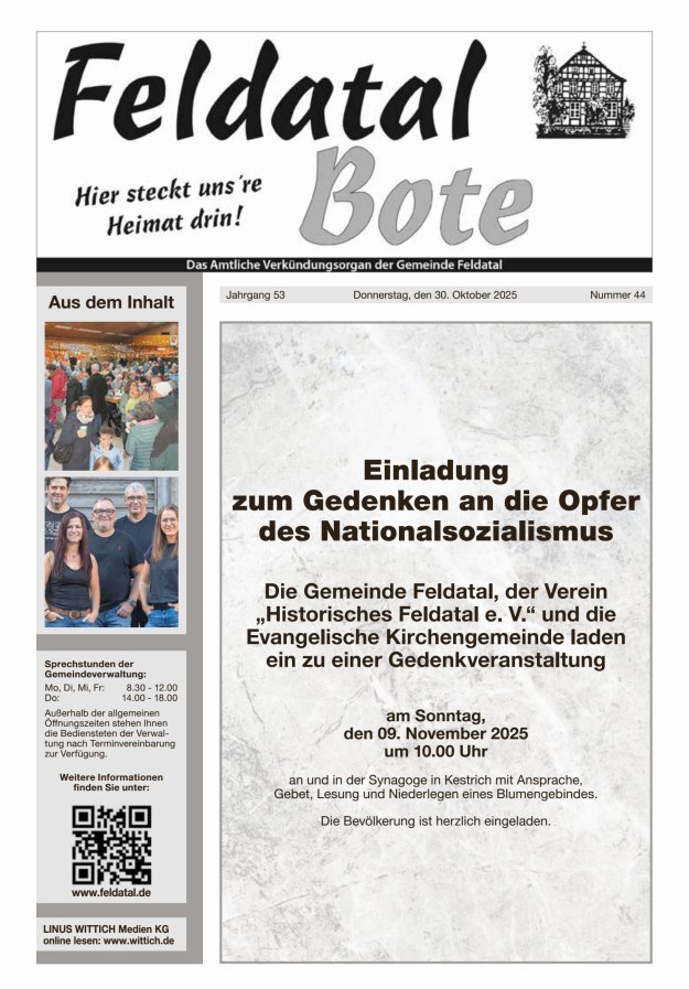 Das Amtliche Verkündungsorgan der Gemeinde Feldatal Titelblatt 44/2025