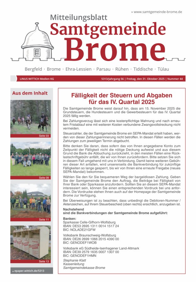 Mitteilungsblatt der Samtgemeinde Brome Titelblatt 44/2025