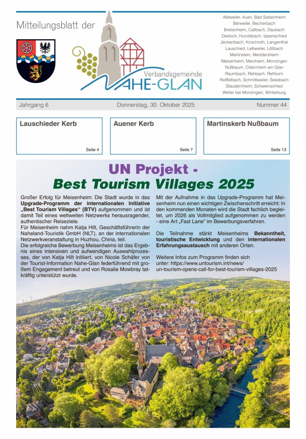 Mitteilungsblatt für die Verbandsgemeinde Nahe-Glan Titelblatt 44/2025